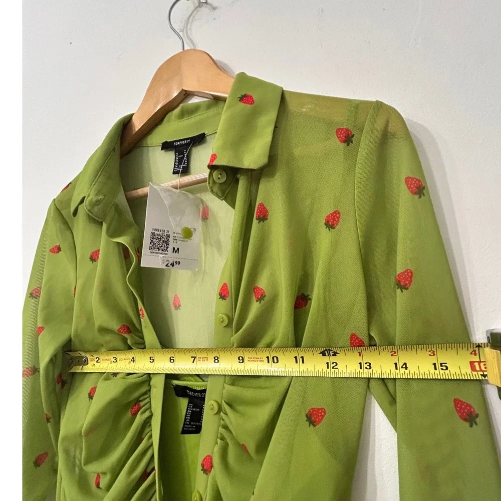 Forever 21 Strawberry Print Ruched Mesh Mini Dress Green Long Sleeve Medium NWT